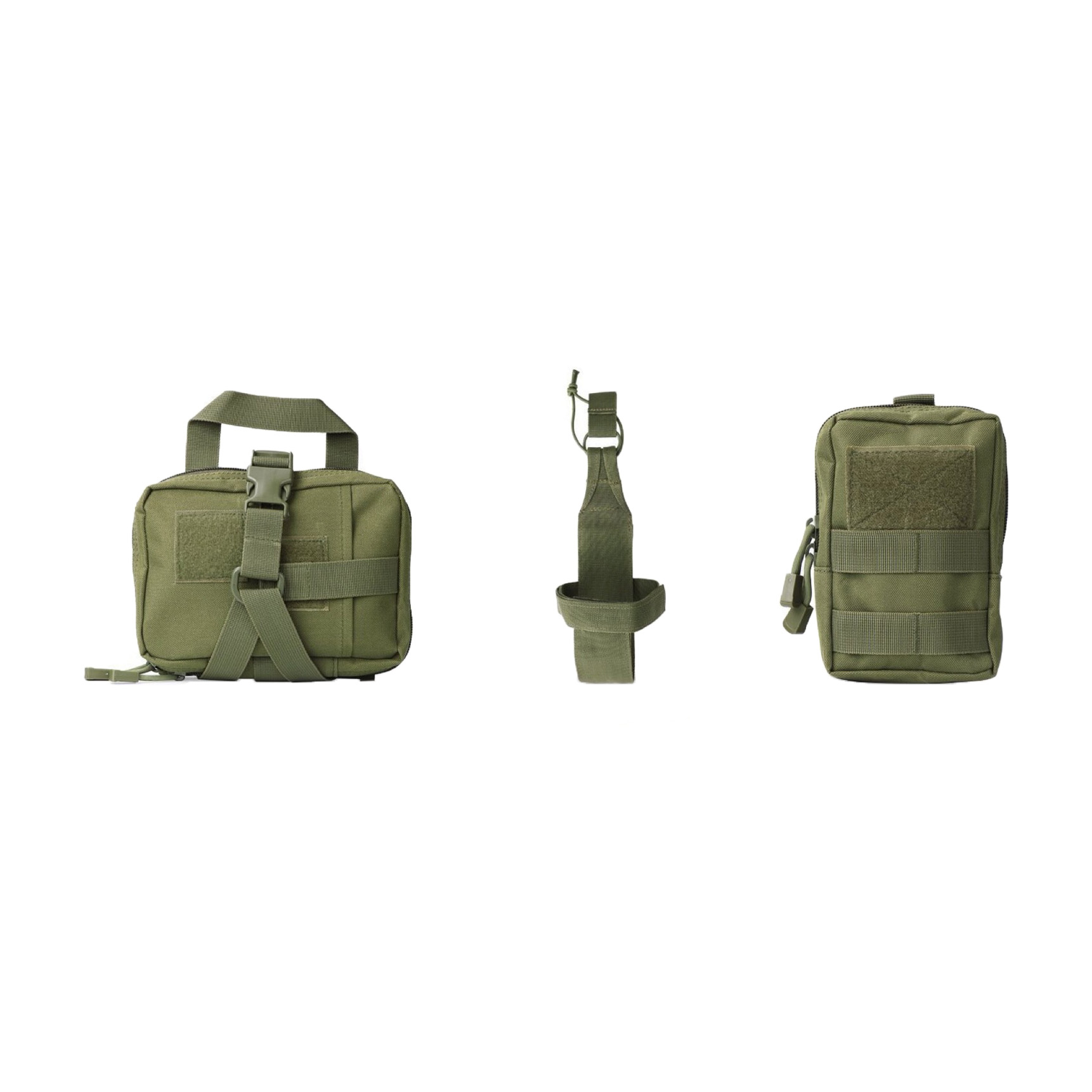 Olive modular accessory bags and bottle carrier arranged on white