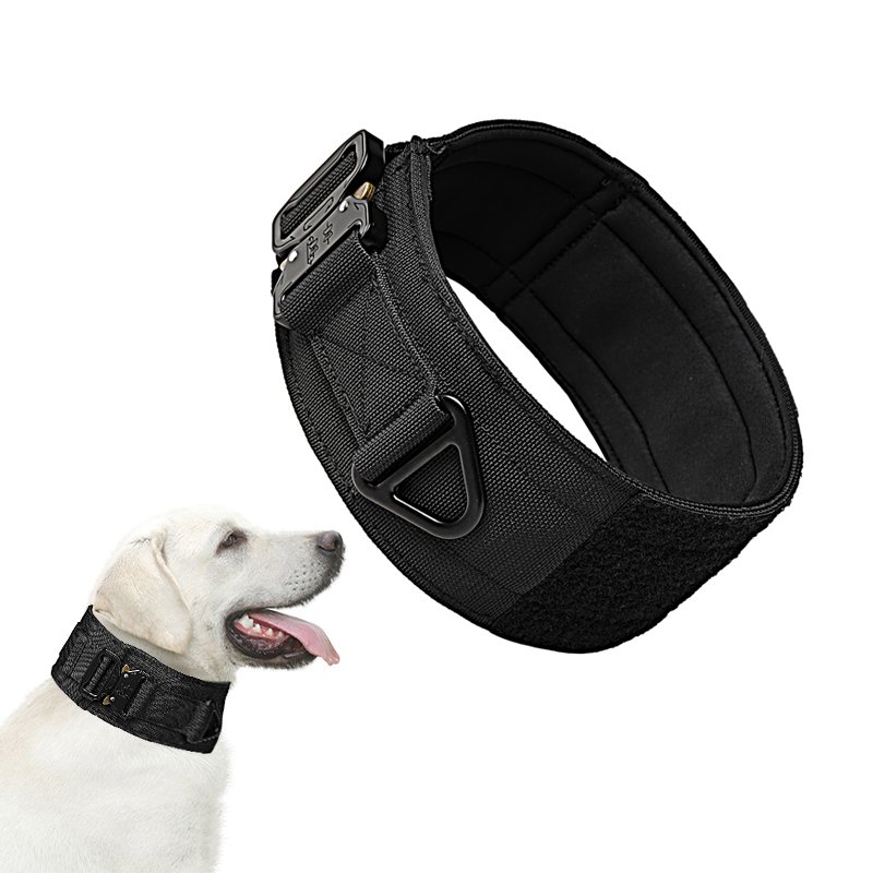 Black wide tactical dog collar with quick-release metal buckle, D-ring and padded lining