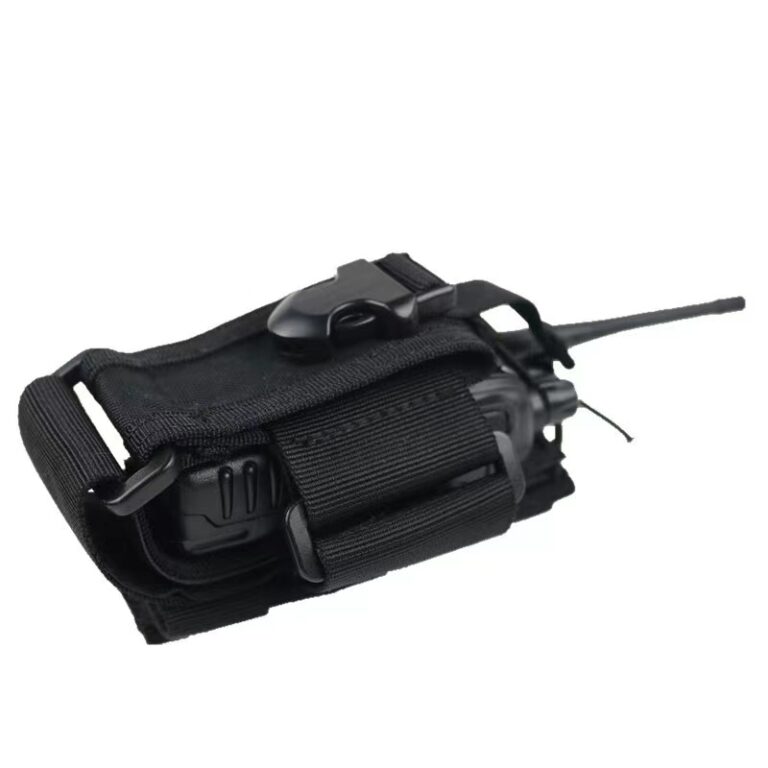 Black radio carrier with retaining straps and rear attachment