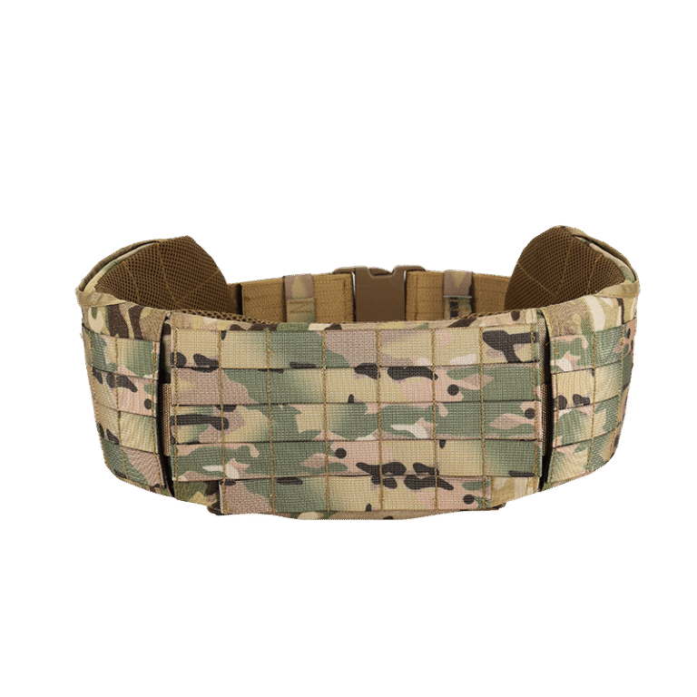 Camouflage tactical belt with black buckle and attachment areas