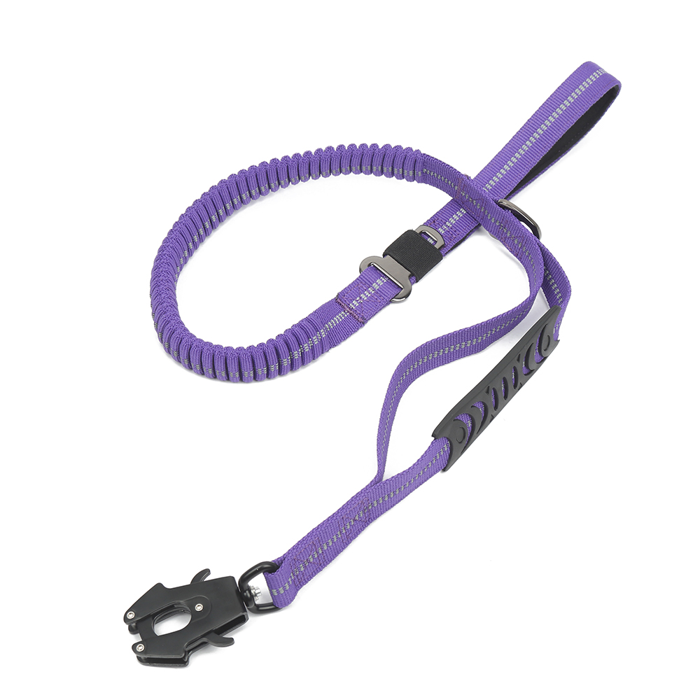 Purple elastic dog leash with a metal clip and strap adjustment