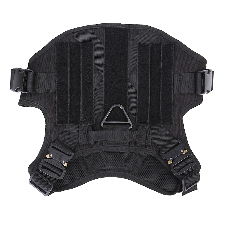 Black dog harness laid flat showing straps, rear attachment areas and a metal ring