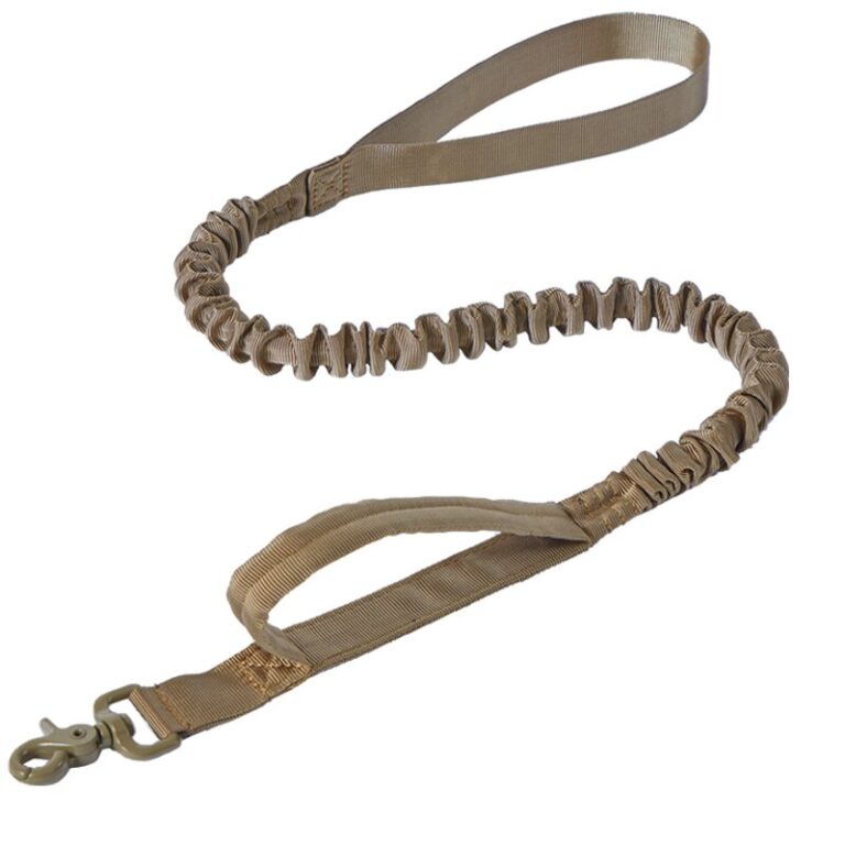 Tan elastic dog leash with two handles and a metal clip