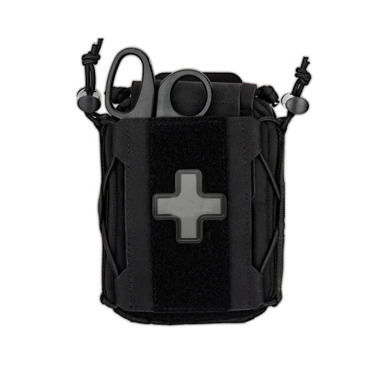 Black medical pouch with retaining loops and shears pictured