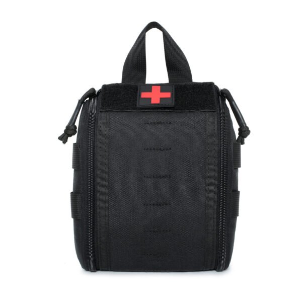 Close up of empty compact medical blow-out pouch with rapid deployment pull handle - PANOAR