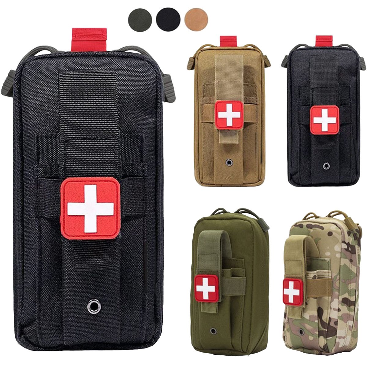 Black, tan, green and camouflage MOLLE IFAK pouches with medical patches