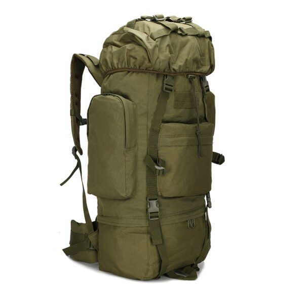 Front view of a wholesale tactical backpack featuring heavy-duty MOLLE webbing
