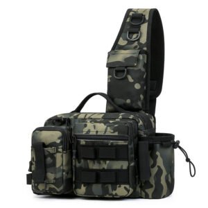 Front view of a black tactical backpack with hybrid laser-cut and traditional MOLLE