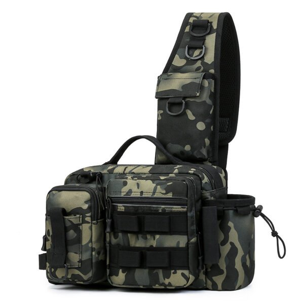 Front view of a black tactical backpack with hybrid laser-cut and traditional MOLLE