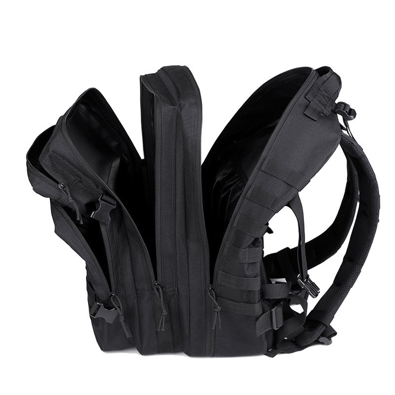 Open black tactical backpack showing main compartments and shoulder strap structure