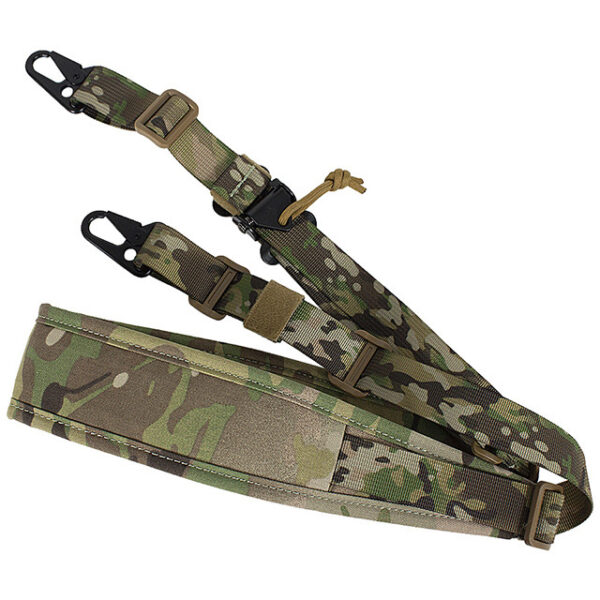 Camouflage and tan rifle sling straps with connection hardware