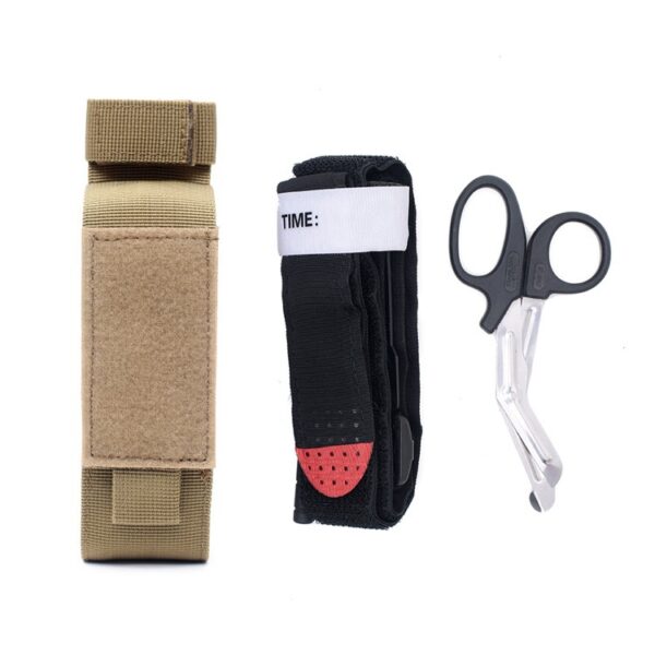 Tan holder with tourniquet and separate shears shown nearby