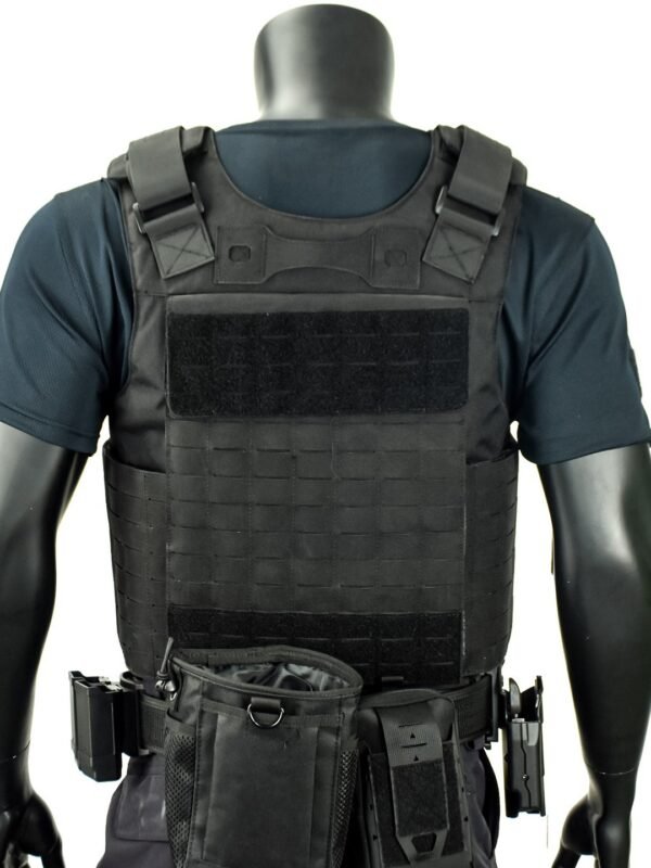 Rear view of a slick tactical vest with quick release and drag handle - PANOAR