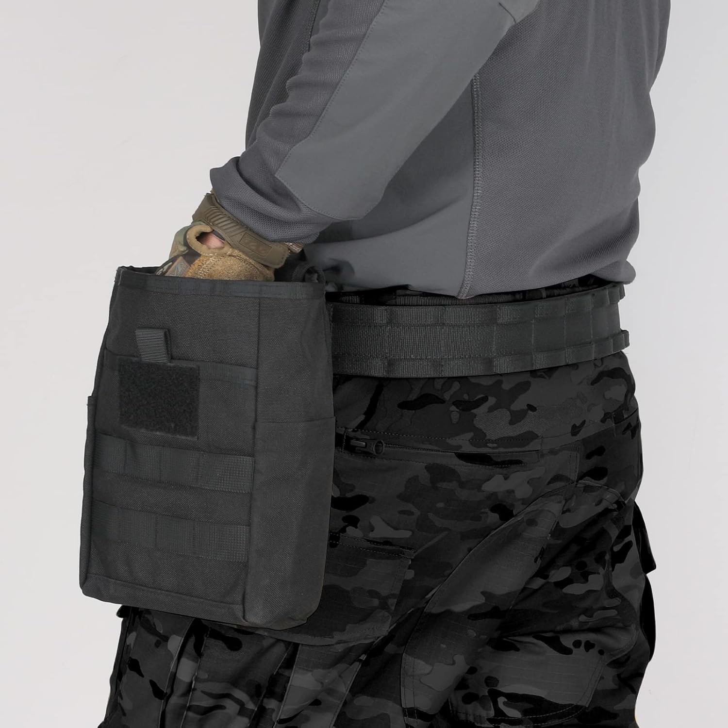 Mesh tactical dump pouch with open body and front webbing