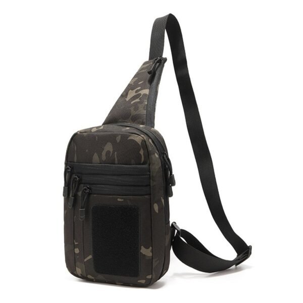 Side water bottle holder and heavy duty buckle on a mens tactical shoulder pack - PANOAR