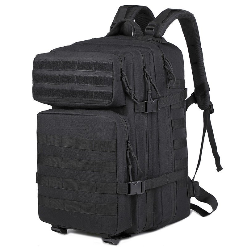 Black tactical backpack with front MOLLE webbing, compartments and side compression straps