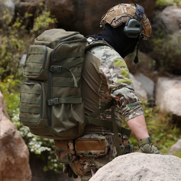 2 Breathable mesh back panel and padded waist belt with pockets on an outdoor backpack