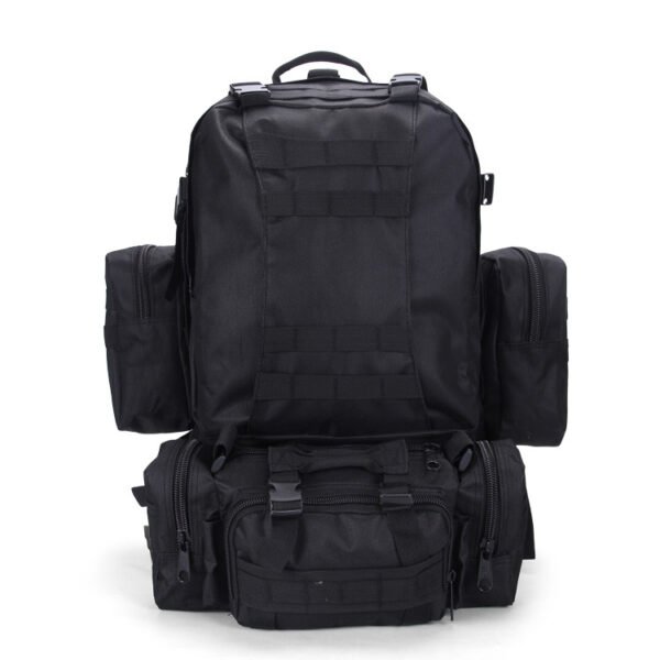 Black tactical patrol backpack with front Y-strap and sleek design