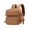 Front view of a tan mini tactical backpack with MOLLE webbing