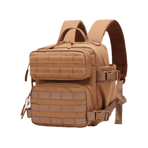 Front view of a tan mini tactical backpack with MOLLE webbing