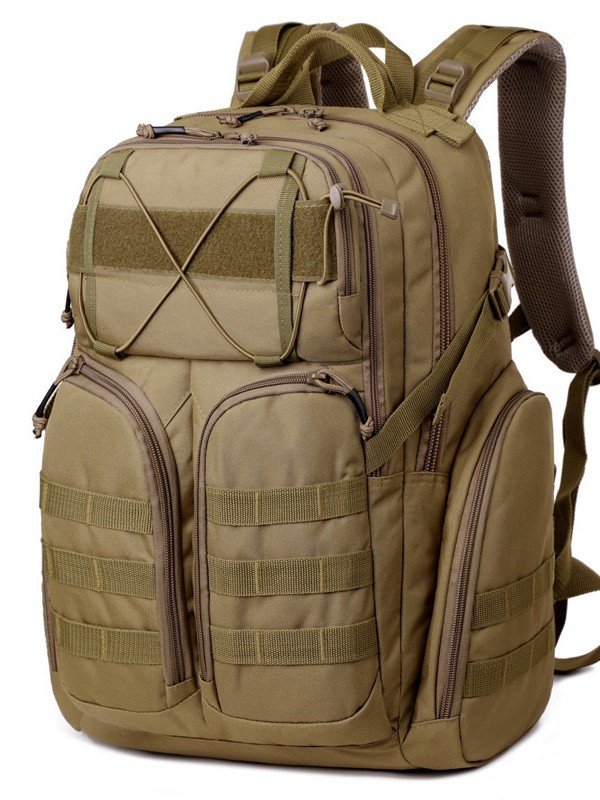 Side profile of a tactical backpack showing elongated zipper