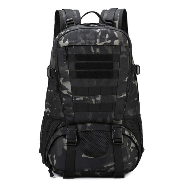 Side compression straps and buckles on a large tactical backpack