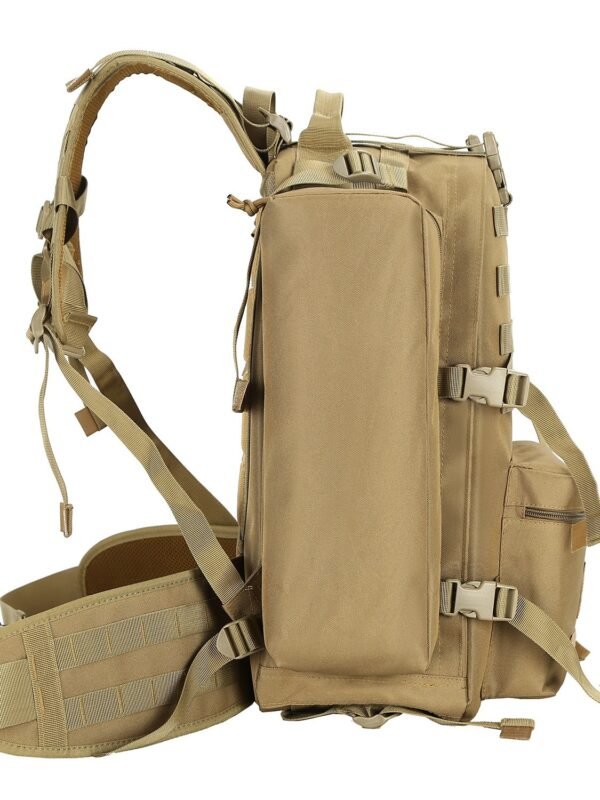 Side profile of a large tactical backpack showing heavy-duty compression straps