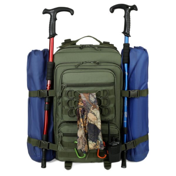 4 Side gear straps on a tactical backpack for attaching tents and sleeping bags