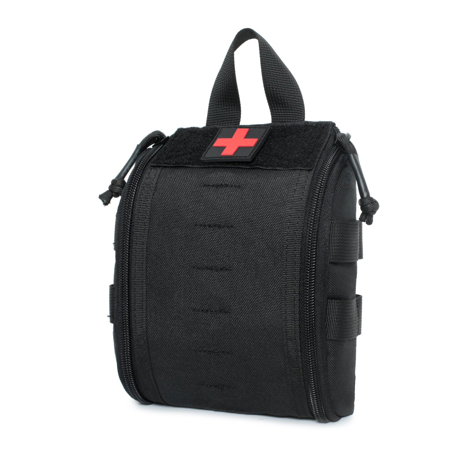 Black tactical IFAK pouch with red cross patch area, webbing handle and side attachment straps