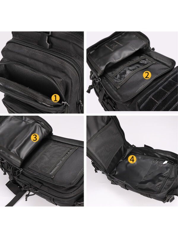 Side view of a 45L molle tactical backpack showing side compression straps