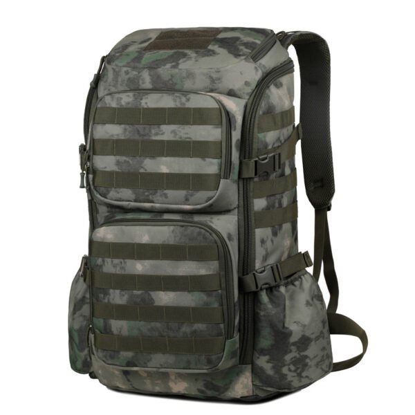 5 OD Green tactical backpack showing extensive side pockets and MOLLE