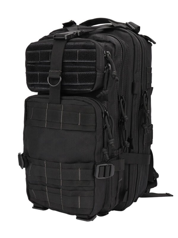 Black molle tactical backpack front view with US flag patch area