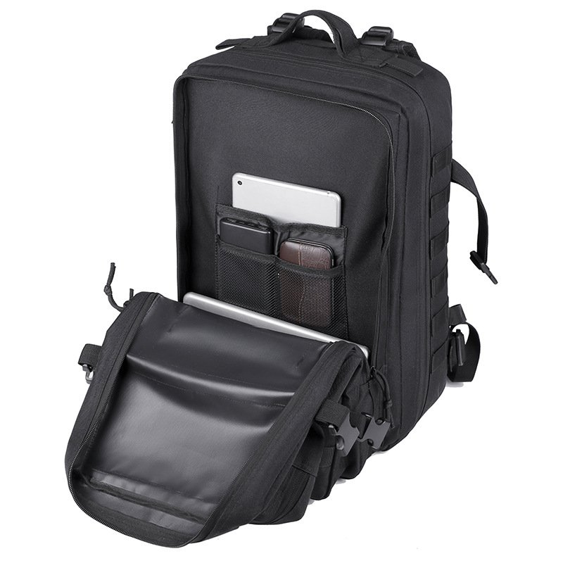 Black tactical backpack organizer pocket with tablet sleeve and small item pockets