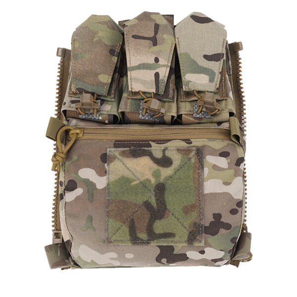 Black zip-on rear accessory component for a modular tactical vest with pouches - PANOAR
