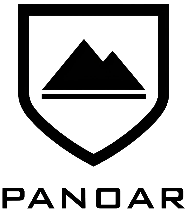 PANOAR minimalist black and white shield logo with mountain icon, representing outdoor equipment, tactical gear, durability, and reliable manufacturing