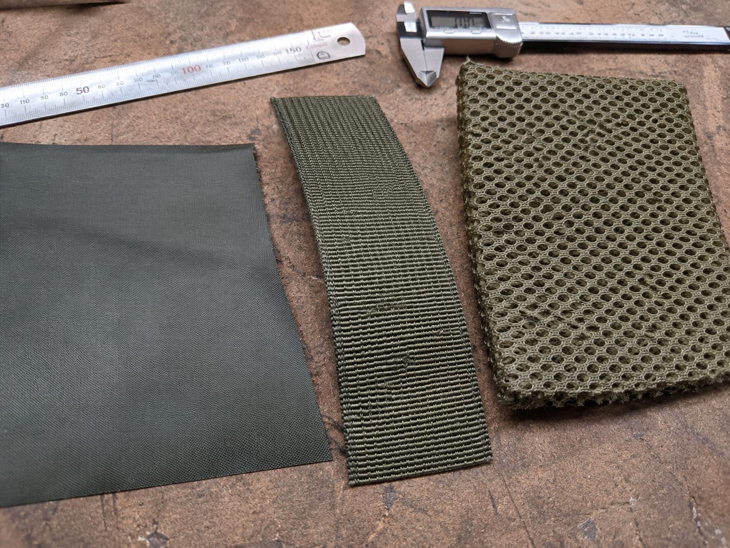 Nylon fabric, webbing and mesh samples arranged for material comparison
