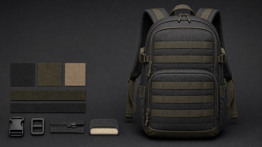Illustrative backpack concept with corresponding fabric, webbing, buckle, zipper and padding components