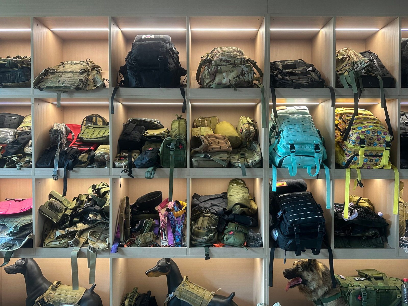 Tactical gear samples and semi-finished products arranged in a sample room