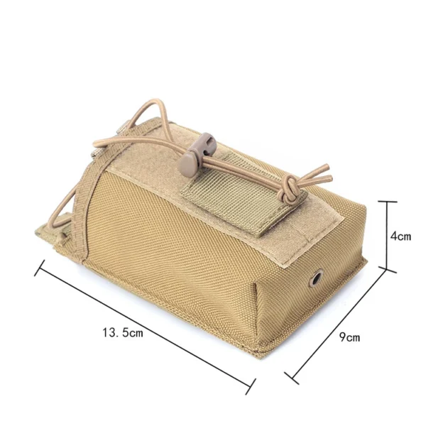 Compact MOLLE radio pouch in khaki showing dimensions 13.5 x 9 x 4 cm