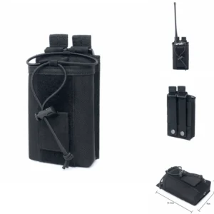 compact-molle-radio-pouch-black-main Compact MOLLE radio pouch in black, front and detail views