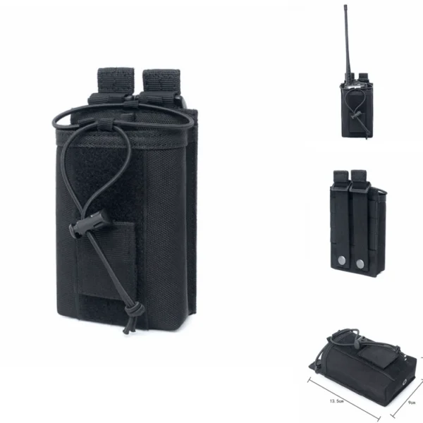 Compact MOLLE radio pouch in black, front and detail views