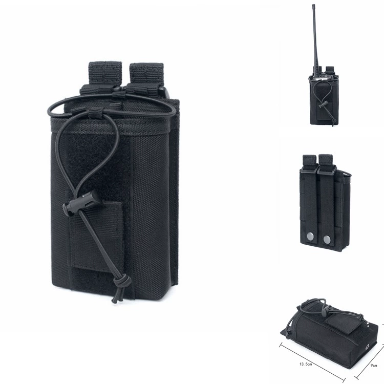 Compact black MOLLE radio pouch with bungee retention