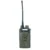 Compact MOLLE radio pouch in military green, with radio installed