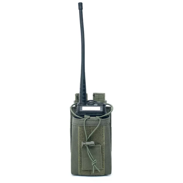 Compact MOLLE radio pouch in military green, with radio installed