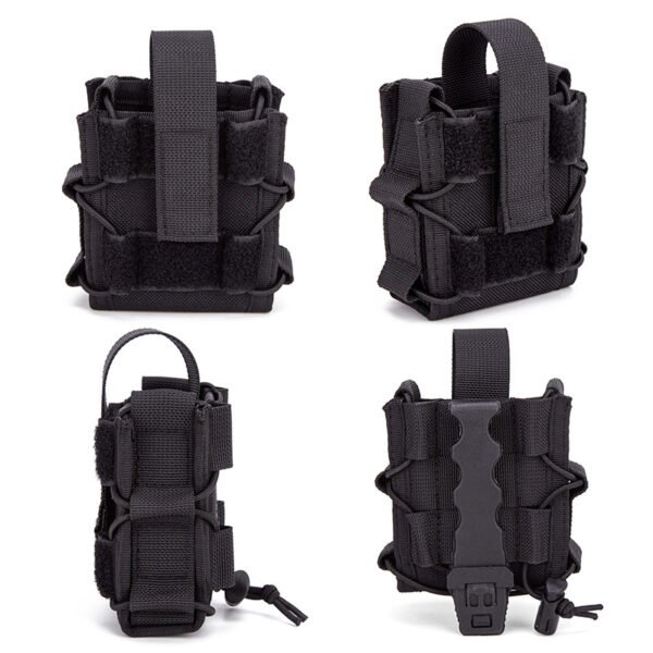 MOLLE Handcuff Pouch in black, shown from front, angle, side, and back