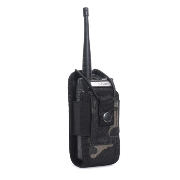 MOLLE walkie talkie pouch in black camouflage, with radio installed