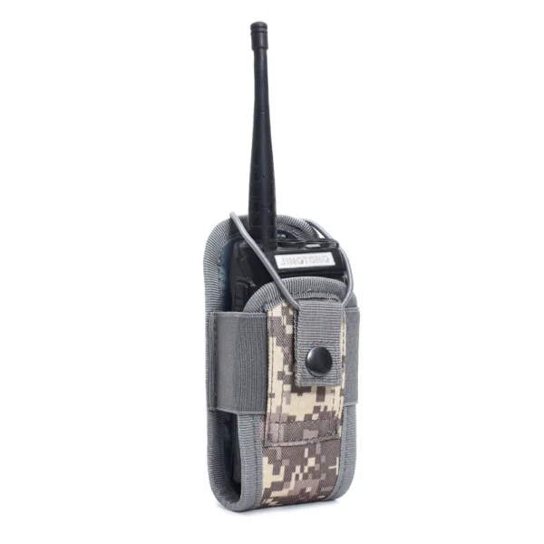 MOLLE walkie talkie pouch in ACU digital camo, with radio installed
