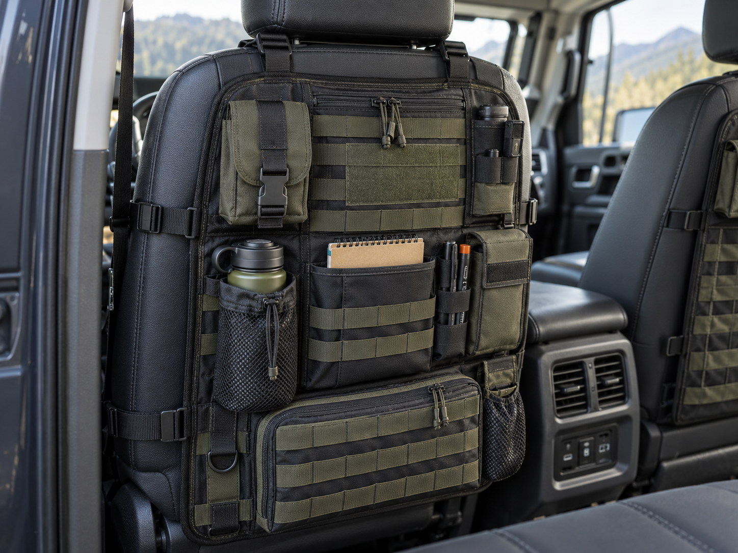 Vehicle seat-back organizer reference with MOLLE panel, storage pockets, and adjustable mounting straps