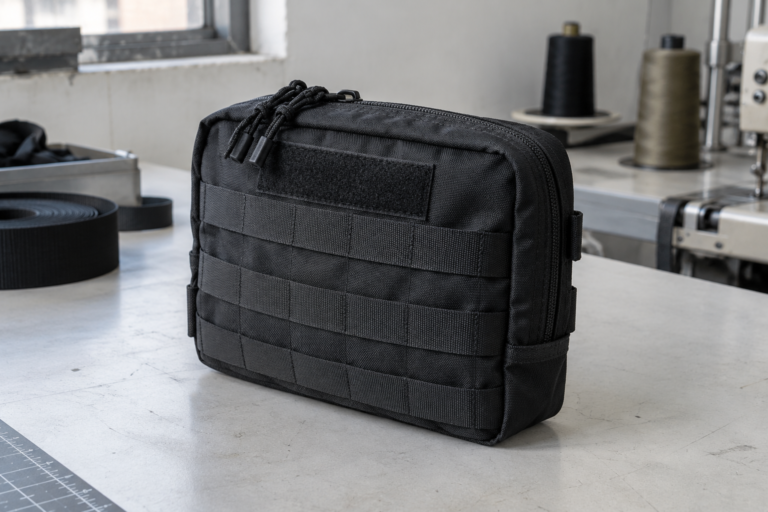 Black MOLLE utility pouch with paracord zipper pulls and hook-and-loop panel, photographed on a workbench in a sewing workshop