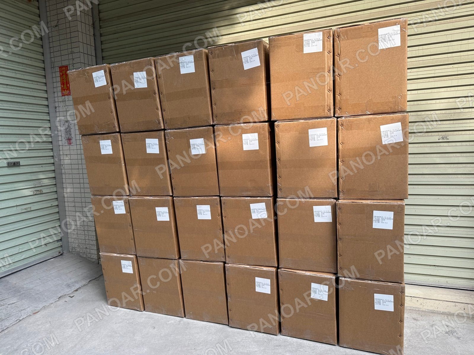 Sealed labelled cartons stacked in storage